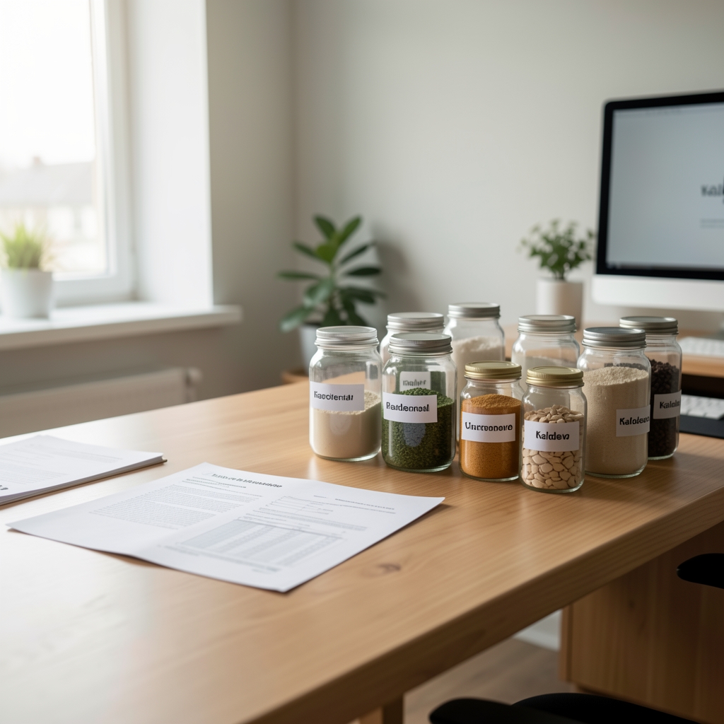 Interior view of the Kaldevo editorial workspace in Kuala Lumpur showing reference documentation, ingredient samples in labelled glass containers and a clean wooden desk
