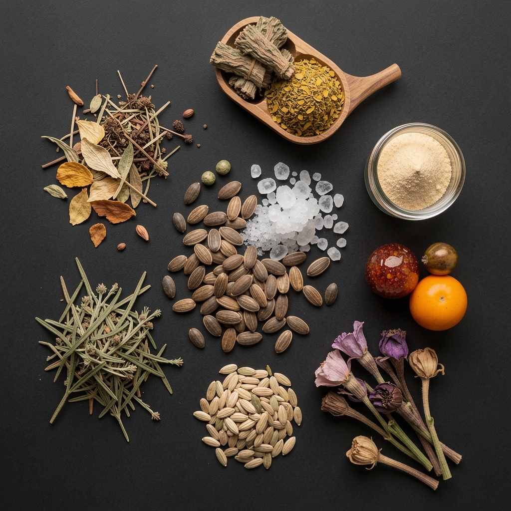 Overhead flat-lay of whole-food supplement ingredients including dried botanicals, mineral-rich seeds and natural extracts arranged on a dark matte surface