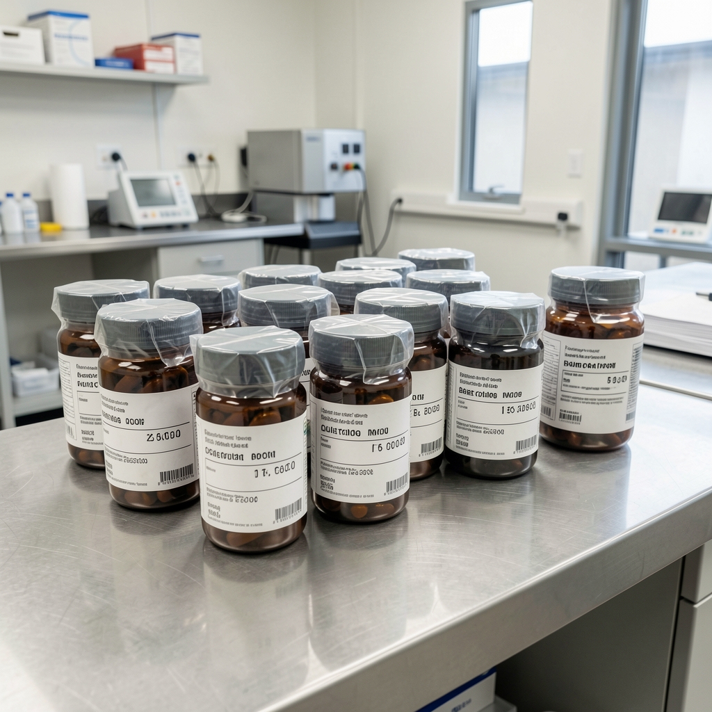 Quality control environment showing sealed supplement containers arranged on a clean stainless workbench with batch coding labels visible under controlled lighting