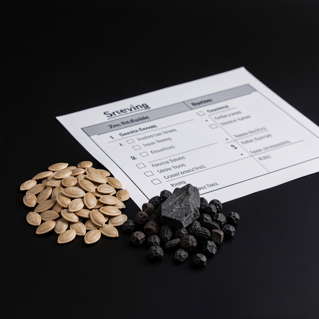 Macro photograph of whole pumpkin seeds and dark zinc-rich foods arranged alongside a serving guide document on a matte black background