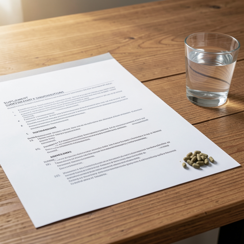 Supplement sourcing documentation papers spread on a wooden desk alongside a glass of water and a single natural supplement serving portion