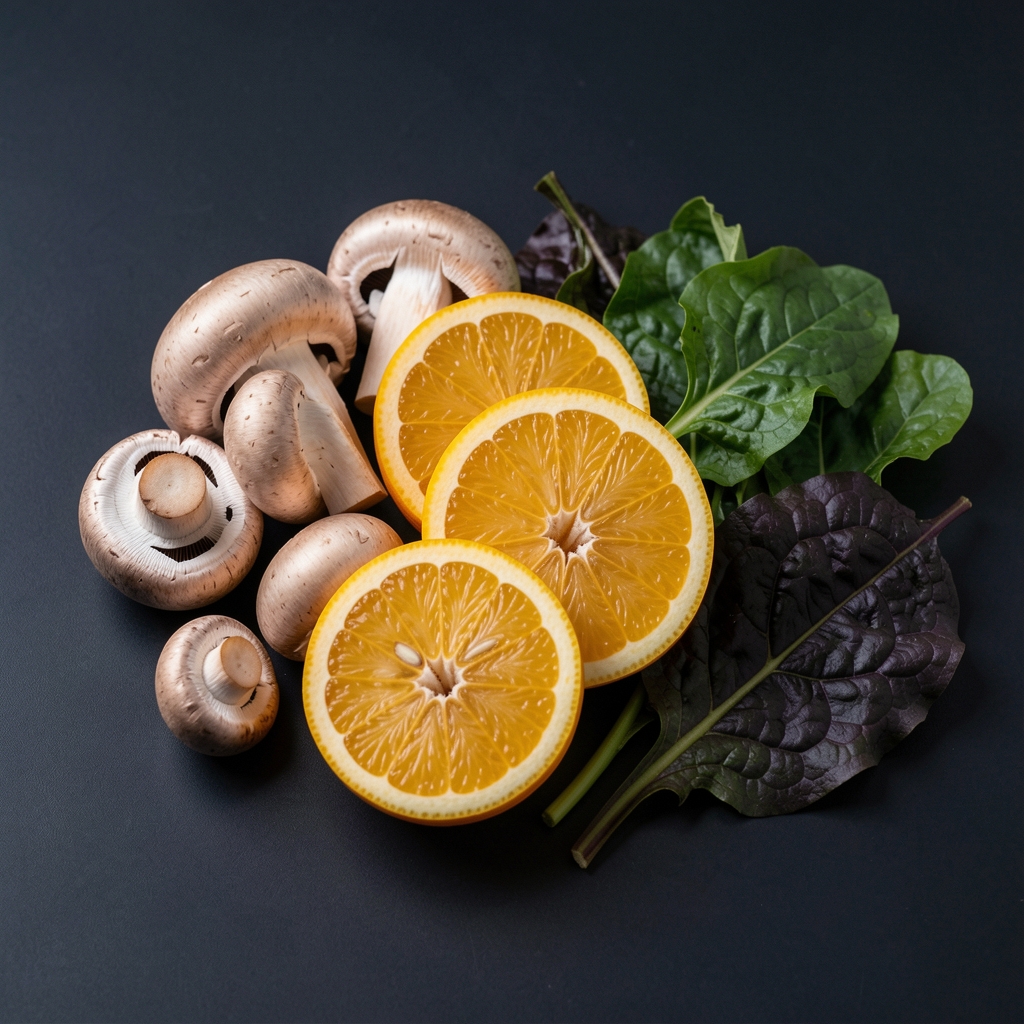 Natural vitamin D3 source mushrooms alongside citrus fruit cross-sections and dark leafy greens arranged on a clean dark surface representing whole-food vitamin stack ingredients
