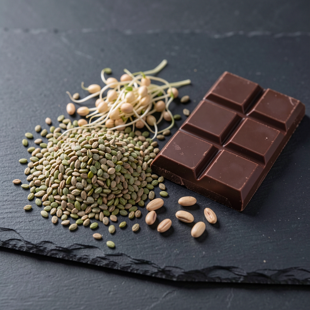 Lean plant protein sources including hemp seeds and sprouted legumes arranged beside a magnesium-rich dark chocolate piece on dark slate as strength and recovery ingredient reference