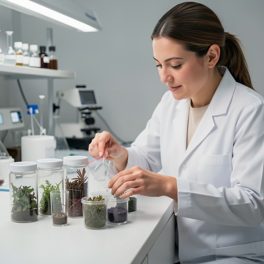 Sourcing specialist examining botanical ingredient samples in sealed containers on a clean workbench under studio lighting