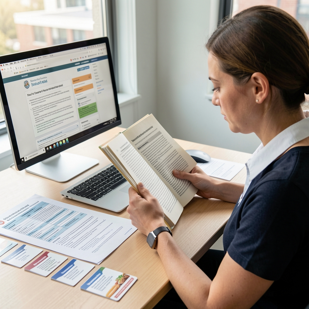 Independent researcher reading peer-reviewed nutrition journals at a clean desk with printed batch verification reports and ingredient reference cards